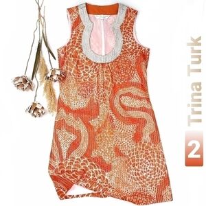 Trina Turk Orange Gold Stripe Boho Shift Dress 2
